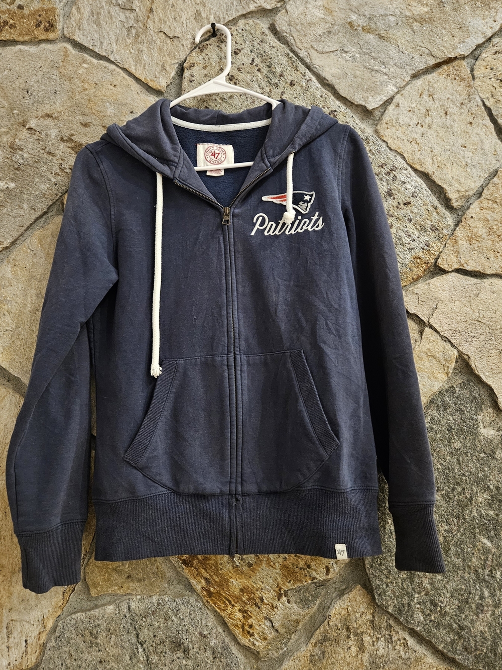 47 Brand Patriots Navy Zip Hoodie with White Drawstrings